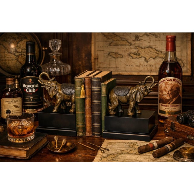 English Pair Bronze Elephant Bookends – Palm Beach Regency * Ralph Lauren * British Colonial * Chinoiserie For Sale - Image 3 of 8