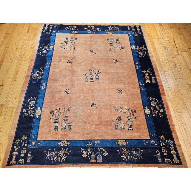 Antique Chinese Peking Rug, Hand-Knotted Wool, Pale Peach, Navy, 9' x 12' For Sale - Image 12 of 18