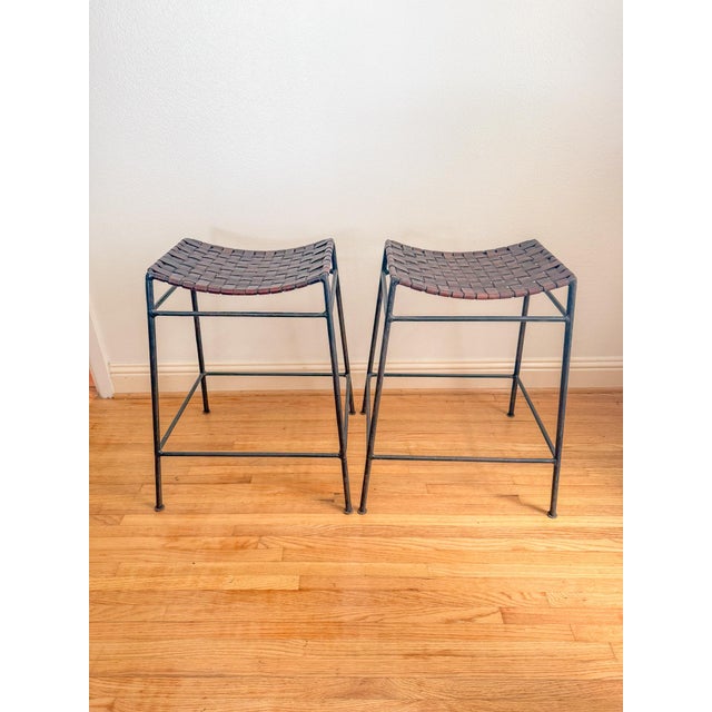 French Mid Century Industrial Style Brown Woven Leather and Iron Counter Stools After Lila Swift and Donald Monell For Sale - Image 16 of 18