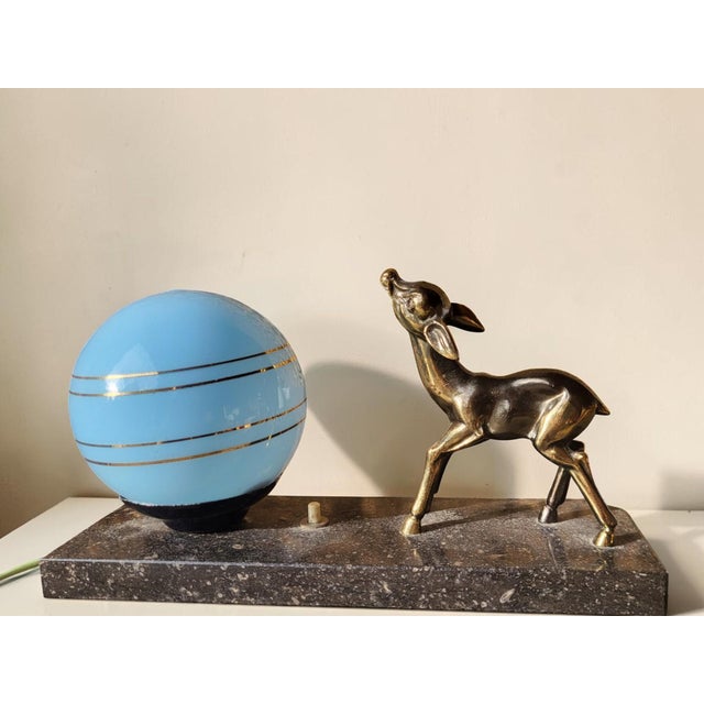 Black Art Deco Night Light with Fawn Motif, Gilt Spelter and Blue Opaline Globe, France, 1930 For Sale - Image 8 of 8