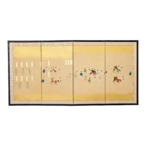 Japanese Showa Four Panel Table Screen Noble Procession