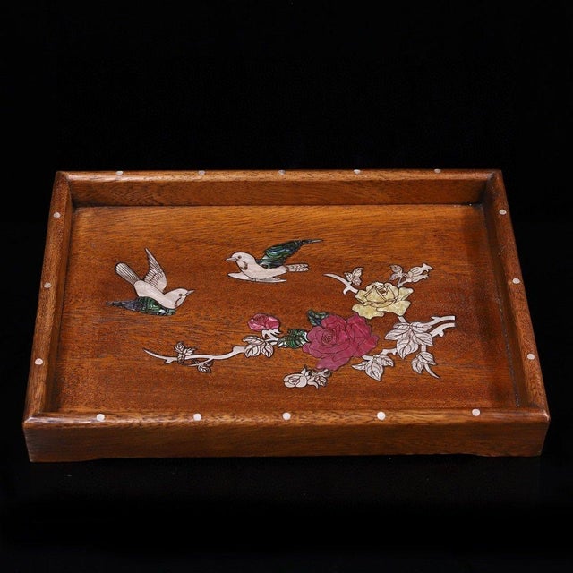 A beautifully crafted Chinese rectangular tray or display stand, likely made of Huali (rosewood). The piece features a low...