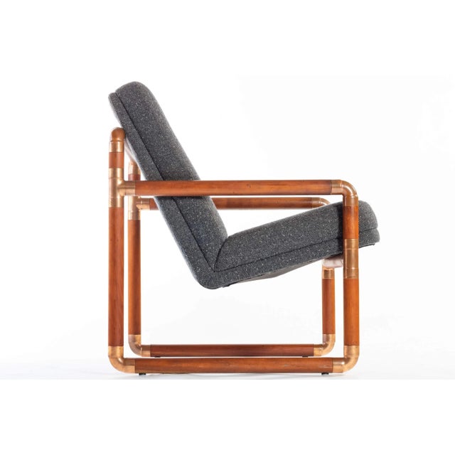 Mid-Century Modern Unique Industrial Brass and Walnut Lounge Chair with Gray Tweed Upholstery, USA, circa 1970's For Sale - Image 3 of 11