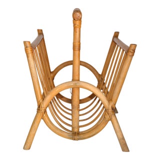 Vintage Boho Chic Bend Bamboo Caning Handwoven Magazine Rack Newspaper Stand For Sale