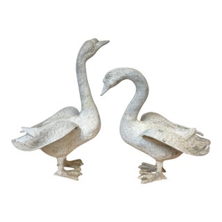 Pair 20th C. Zinc Alloy Swan Garden Sculptures Good Scale & Weathered Surface For Sale