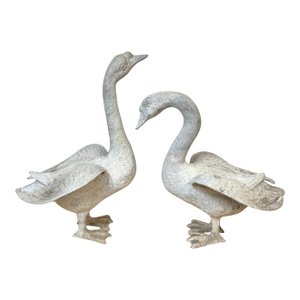 Pair 20th C. Zinc Alloy Swan Garden Sculptures Good Scale & Weathered Surface