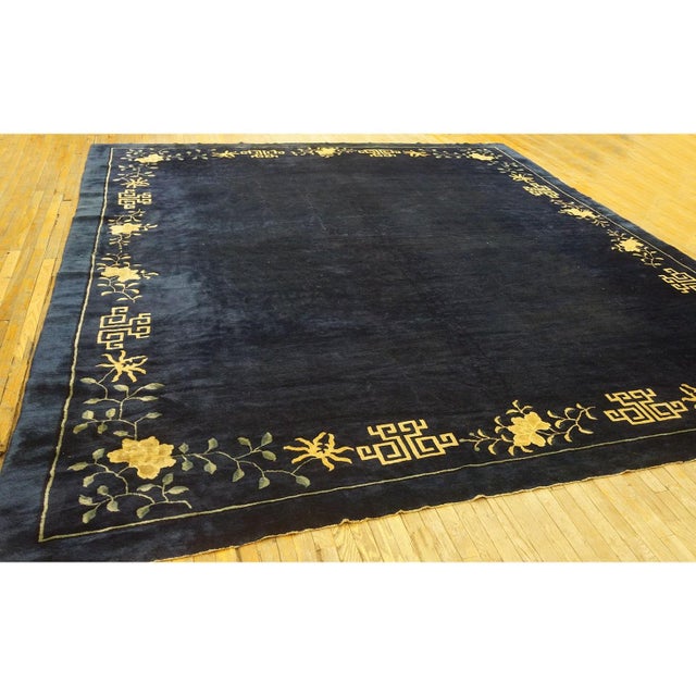 1890s Minimalist Open Field Antique Chinese Peking Navy Blue Room Size Wool Rug For Sale - Image 4 of 9