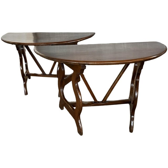 Italian Demi Lune Console Tables in Walnut, Set of 2 For Sale - Image 4 of 18