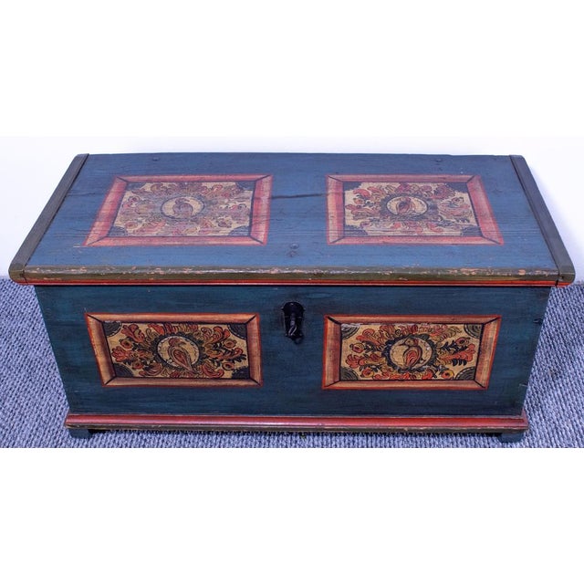 Rustic Late 19th Century Pine Chest with Original Bird Motif Paint, 1898 For Sale - Image 3 of 11