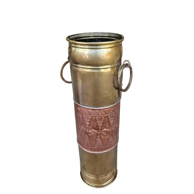 Brass Antique Brass and Copper Umbrella Stand / Stick Holder With Embossed Repoussé Detail For Sale - Image 8 of 14