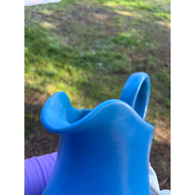 Ceramic Vintage Farmhouse Portuguese Glazed Terracotta Ewer Blue Pitcher For Sale - Image 7 of 9