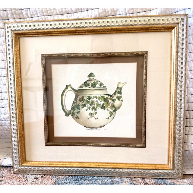French Country Pair of Carolyn Shores Wright “Aria” Botanical Tea Prints in Custom Windsor Art Silver & Gold Frames, 1994 For Sale - Image 3 of 12