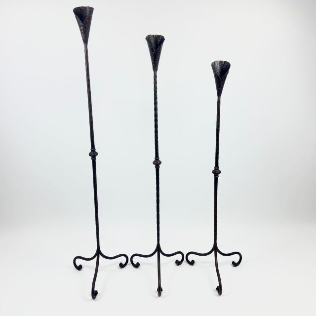 Hand Forged Iron Candelabra Set of 3 (100-120cm) Antique Copper Finish Hammered Stem with Calla Lily Cups For Sale - Image 10 of 10