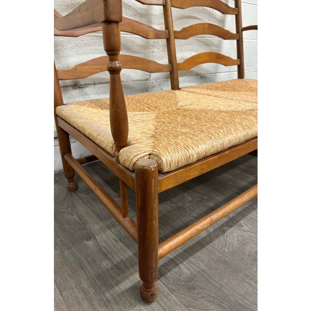 Late 20th Century Vintage Country French Double Seat Ladder Back Rush Seat Bench Loveseat Settee For Sale - Image 5 of 16