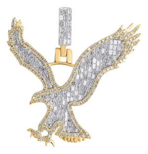 10K Yellow Gold Round Baguette Diamond Eagle Animal Pendant 1-1/5 Cttw