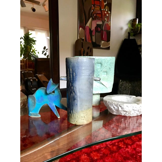 Mid-Century Modern Signed 1970s Mid Century Blue Drip Ceramic Vase / Modernist Art Studio Pottery For Sale - Image 3 of 9