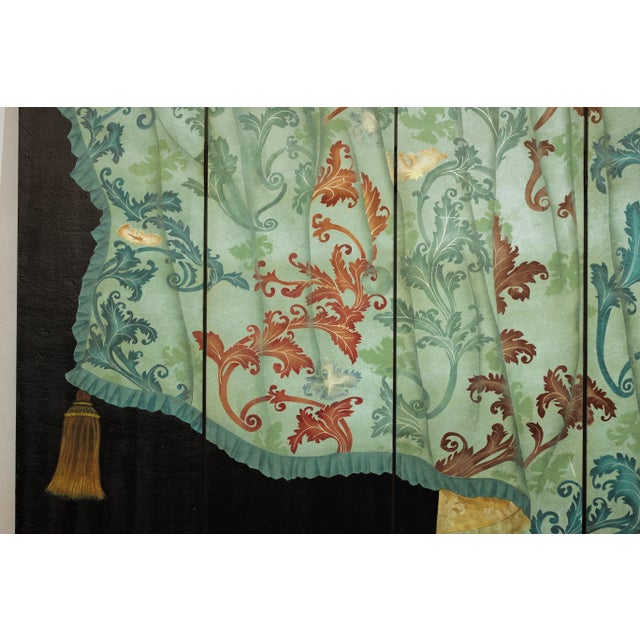 Four-Panel Chinese Screen with Hand-Painted Drapery and Tassel Motif For Sale - Image 9 of 12