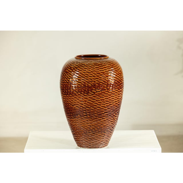 Artisan Large Honeycomb-Textured Ceramic Vase in Warm Amber Glaze For Sale - Image 16 of 18