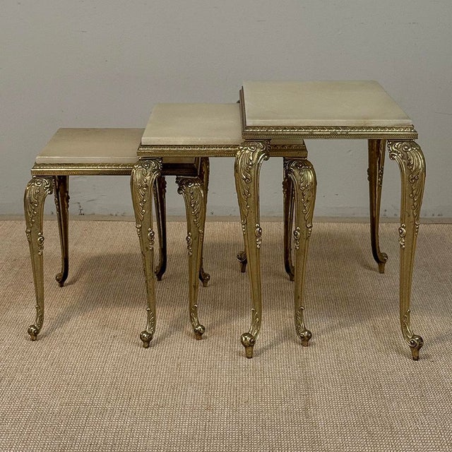Set of Three Mid-Century French Louis XV Style Brass and Onyx Nesting Tables For Sale - Image 9 of 18