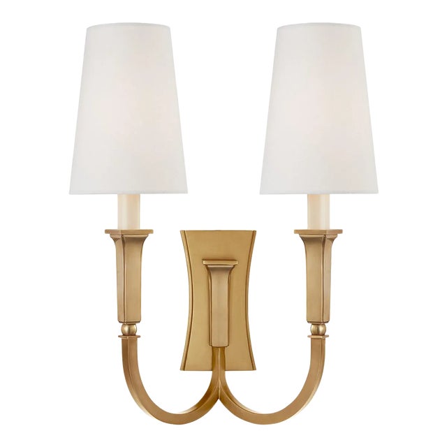 Thomas O'Brien for Visual Comfort Signature Delphia Large Double Arm Sconce in Hand-Rubbed Antique Brass with Linen Shade For Sale