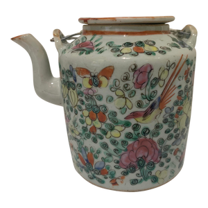 19th Century Antique Chinese Famille Rose Floral & Bird Porcelain Tea Pot With Lid