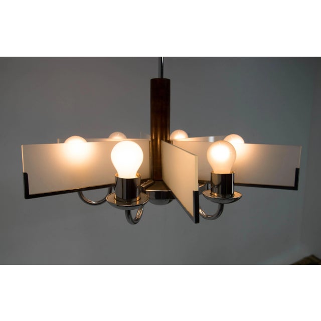Art Deco Chandelier in Chrome, Wood and Sandblasted Glass, 1940s For Sale - Image 4 of 13