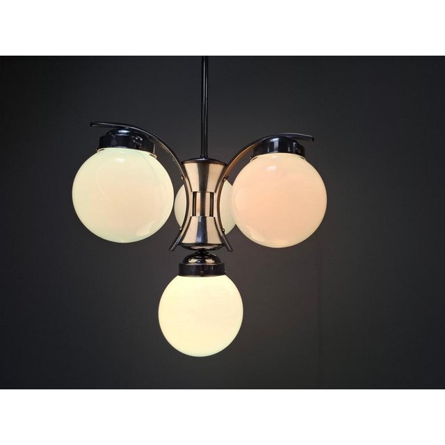 Czech Art Deco Blue Opaline Glass and Chrome 4-Light Chandelier, 1930s For Sale - Image 4 of 18