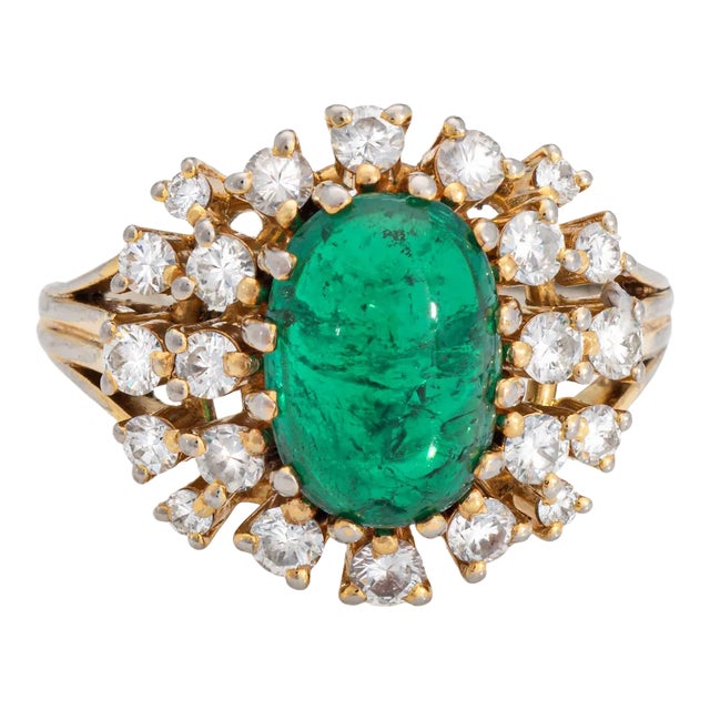 Vintage Cabochon Emerald Diamond 14k Gold Gemstone Engagement Ring Size 5.75 For Sale