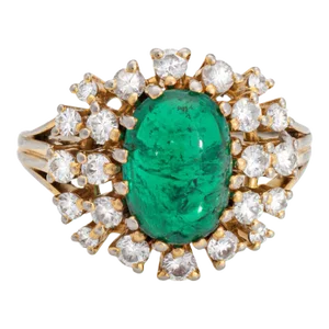 Vintage Cabochon Emerald Diamond 14k Gold Gemstone Engagement Ring Size 5.75