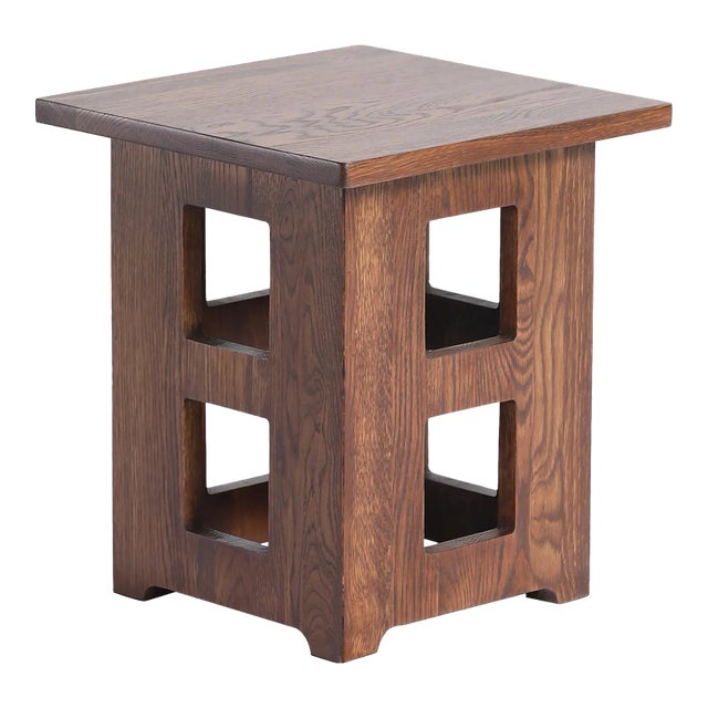 Crafters and Weavers Mission Solid Oak Square End Table With Cut Outs - Walnut For Sale