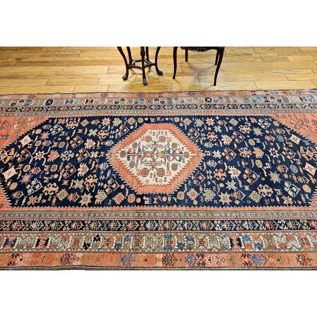 Antique Malayer Tribal Gallery Rug, Hand-Knotted Wool, Geometric Pattern, 5x13, Terracotta & Navy For Sale - Image 12 of 18