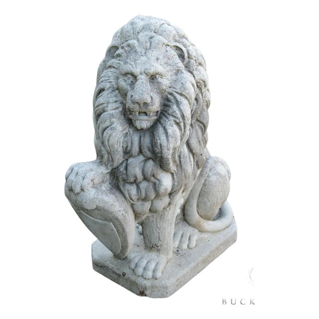 Vintage Cast Stone Lion with Shield Garden Statue For Sale