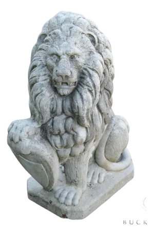 Vintage Cast Stone Lion with Shield Garden Statue