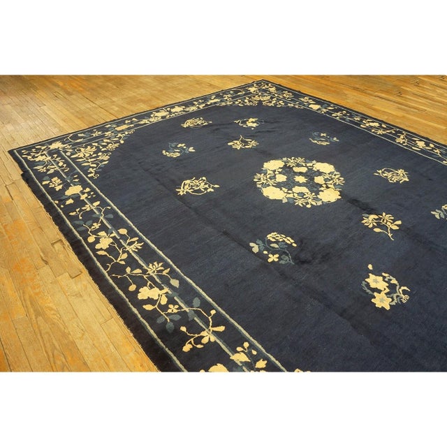 Antique Chinese Peking Rug Hand Knotted Wool Oriental Blue Floral Deco 1920s For Sale In New York - Image 6 of 10