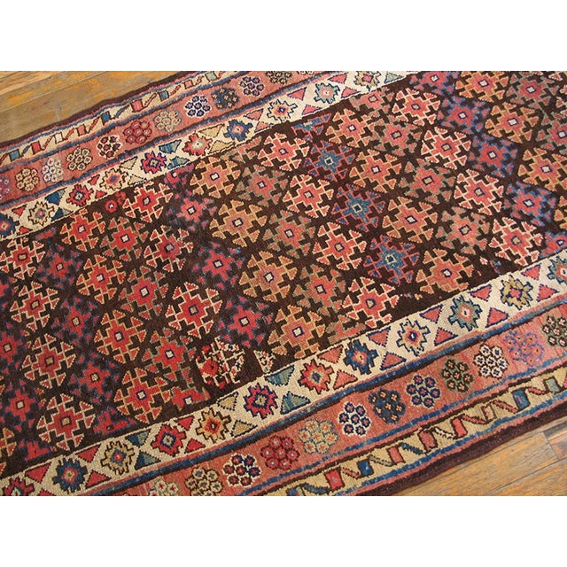 1890s Brown Geometric Tribal Antique W. Persian Kurdish Rug 3'8" X 8'8" Handknotted Woo Carpet For Sale - Image 4 of 5