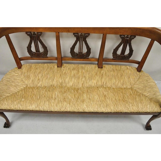 Vintage Italian Neoclassical Cherry Wood Dolphin Lyre Carved Rush Seat Bench For Sale - Image 11 of 12