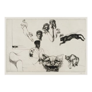 1965 Sigmund Abeles Self Portrait With Cats Etching For Sale