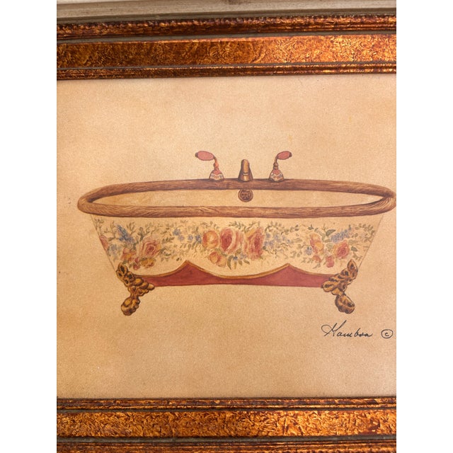 Cream Pair of Vintage Consuelo Gamboa Bath Display Framed Canvas Prints in Ornate Antiqued Gold Frames| French Country Bathroom Wall Art For Sale - Image 8 of 12