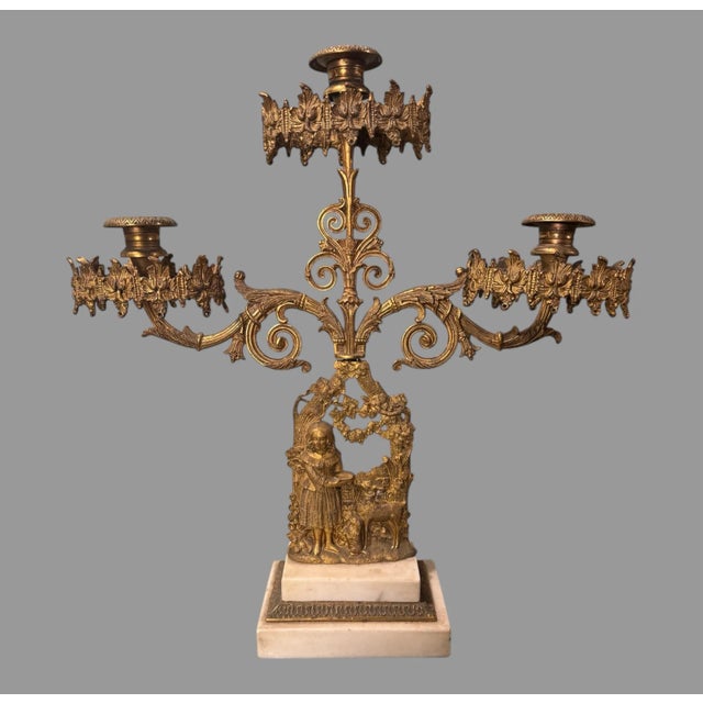 Early 20th Century Antique Victorian Gilt Cast Metal 3 Light Figural Candelabra Girl With Animals For Sale - Image 5 of 5