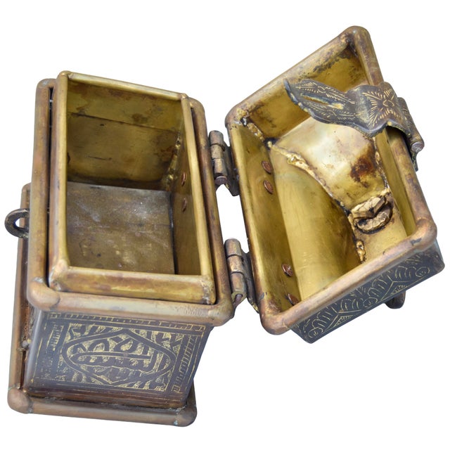 Mid 20th Century Hand-Engraved Calligraphy-Patterned Brass Keepsake W/ Handle For Sale - Image 9 of 13