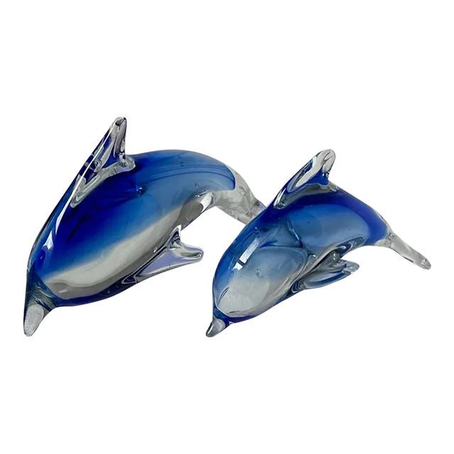 Italian Murano-Style Blue Sommerso Art Glass Dolphin Sculptures, Graduated Pair For Sale