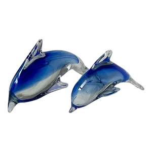 Italian Murano-Style Blue Sommerso Art Glass Dolphin Sculptures Graduated Pair