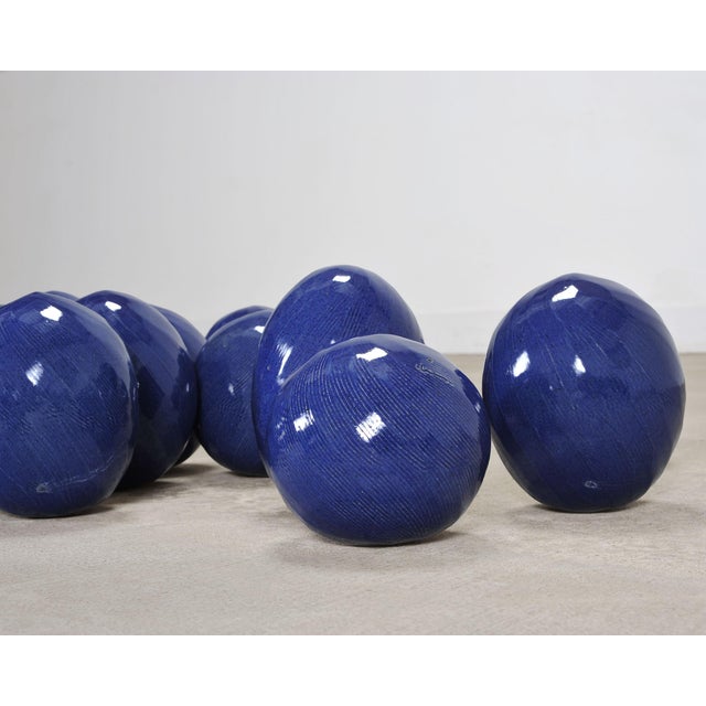 Late 20th Century Set of Blue Glazed Ceramic Garden Egg Sculptures After Jun Kaneko For Sale - Image 5 of 18