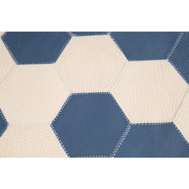 Navy Blue & Cream Cowhide Leather Pillow - Hexagonal Patchwork For Sale In San Francisco - Image 6 of 11