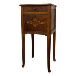 Antique Marble-Top Wooden Nightstand / Bedside Cabinet With Porcelain Interior & Inlaid Accent. For Sale