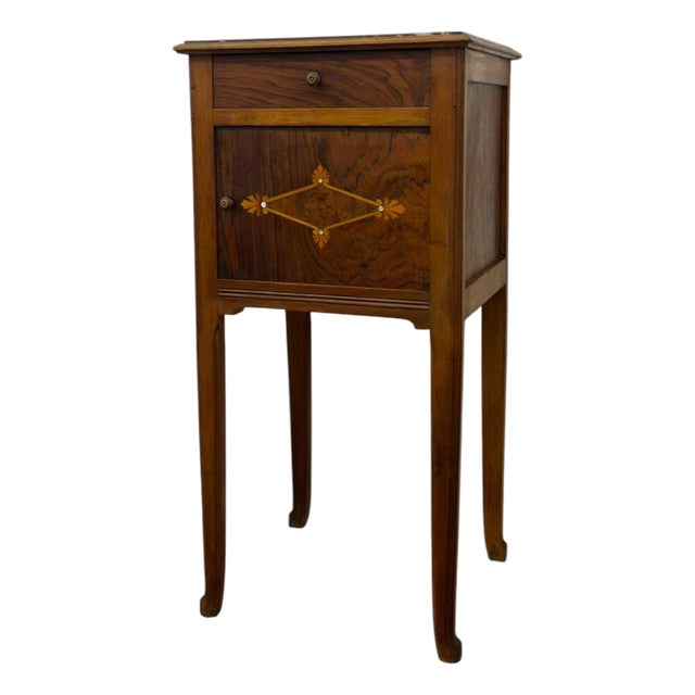 Antique Marble-Top Wooden Nightstand / Bedside Cabinet With Porcelain Interior & Inlaid Accent. For Sale