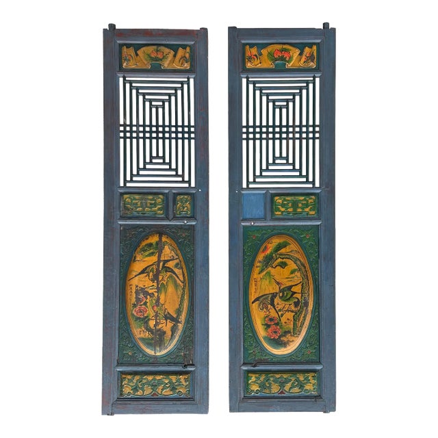 Pair Vintage Chinese Teal Blue Yellow Fujian Style Graphic Wood Wall Door Panels For Sale