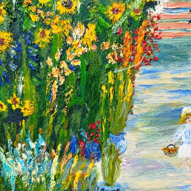 Blue M. Gimenez, Country House with Sunflowers and a Girl, Oil on Canvas, Framed For Sale - Image 8 of 9