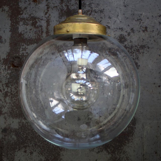 Large Vintage Clear Glass and Brass Globe Pendant Light For Sale - Image 5 of 7