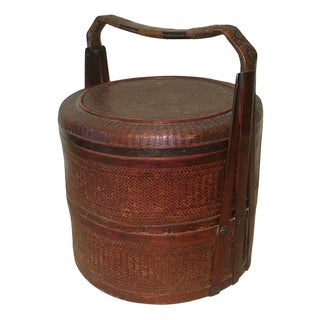 Antique Basket in Wood and Rattan with Three Sections, 1900 For Sale